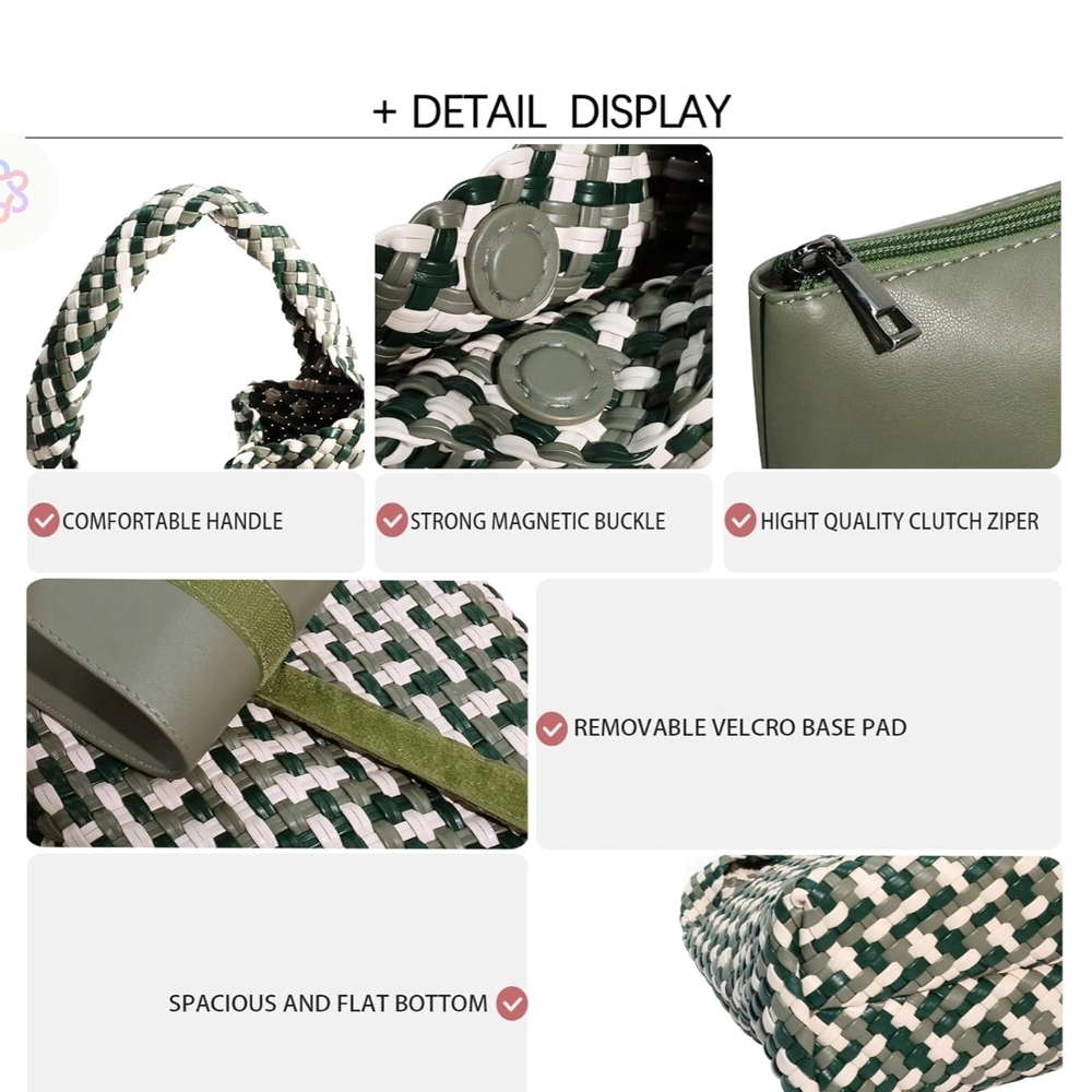 Stylish Vegan Leather Hand Woven Tote Bag Green Cream Handbag Shoulder Purse - Picture 14 of 15